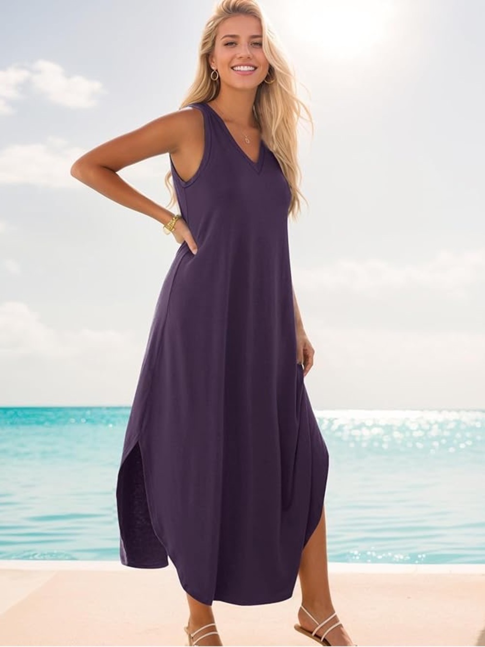 Zilcremo (2XL) Sleeveless V-Neck Maxi Dress Rounded Hemline Super Soft Flowy NWT